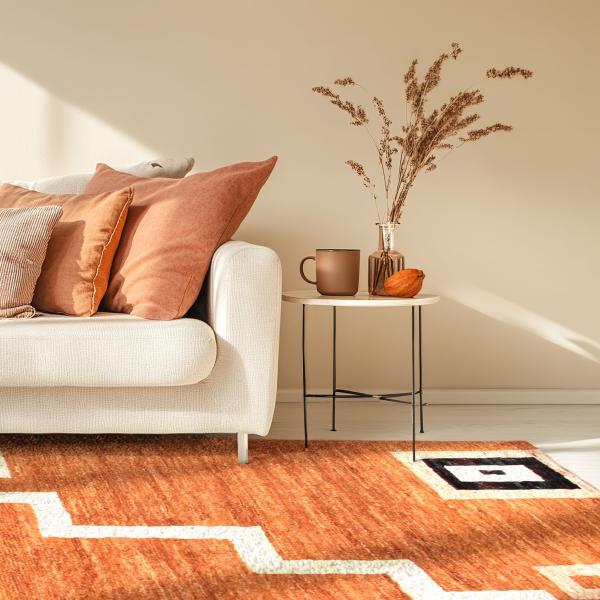 Tapis berbère orange avec motif géométrique dans le salon lumineux